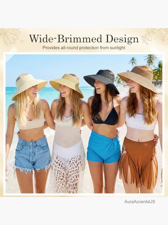 4 Pack Straw Sun Visor Hats Wide Brim Packable Beach Hats Ponytail Friendly
